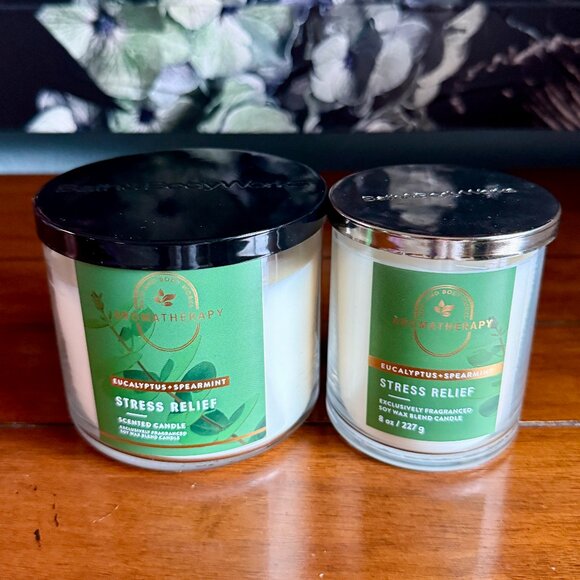 NEW 2-Pc AROMATHERAPY ECALYPTUS SPEARMINT 3-Wick Candle & Single Wick Candle BBW - Picture 4 of 4